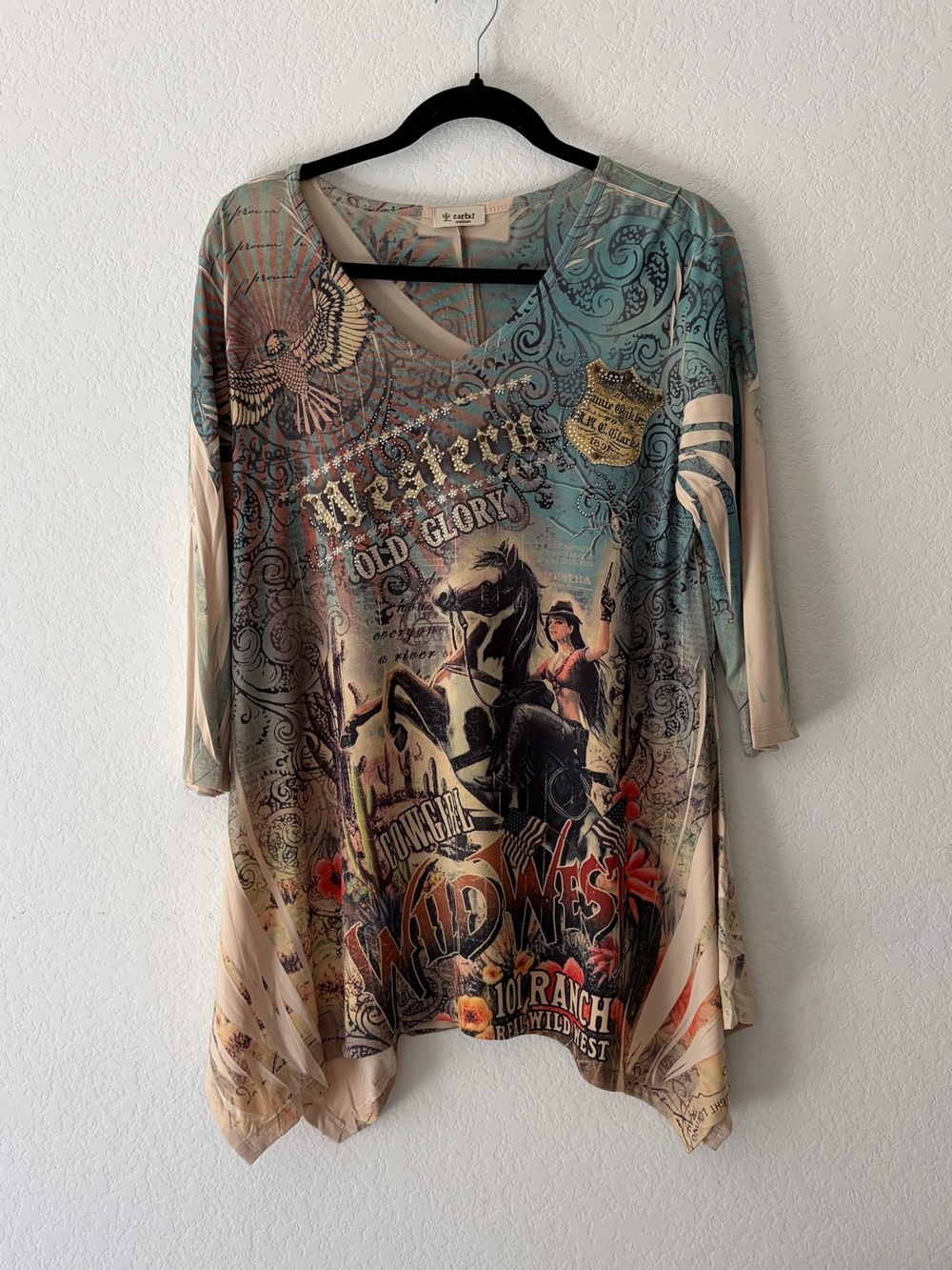 CACTUS Y2K WILD WEST COWGIRL RHINESTONE TUNIC TOP M 3/4 SLEEVE WESTERN BLING